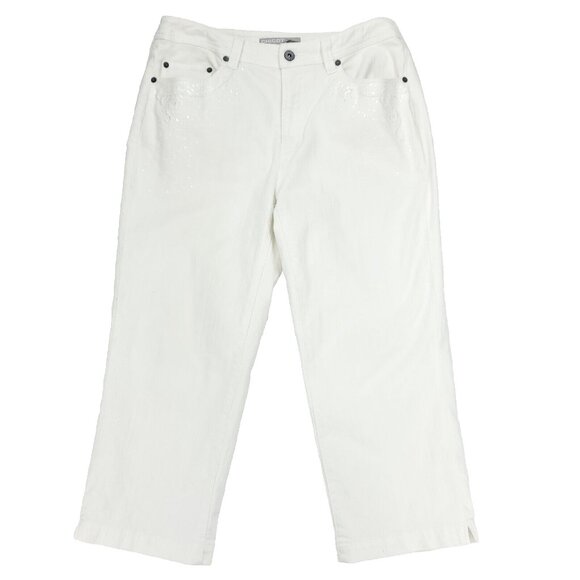 Chicos Platinum Jeans Womens 0.5 (US 6 /S) White Cecile OCP Sequin Strech Capri - Picture 1 of 11